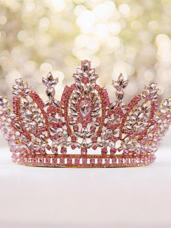 Pink Crystal Crown, Gold Rhinestone Tiara, Birthday Princess Tiara, Prom Tiara main image 8
